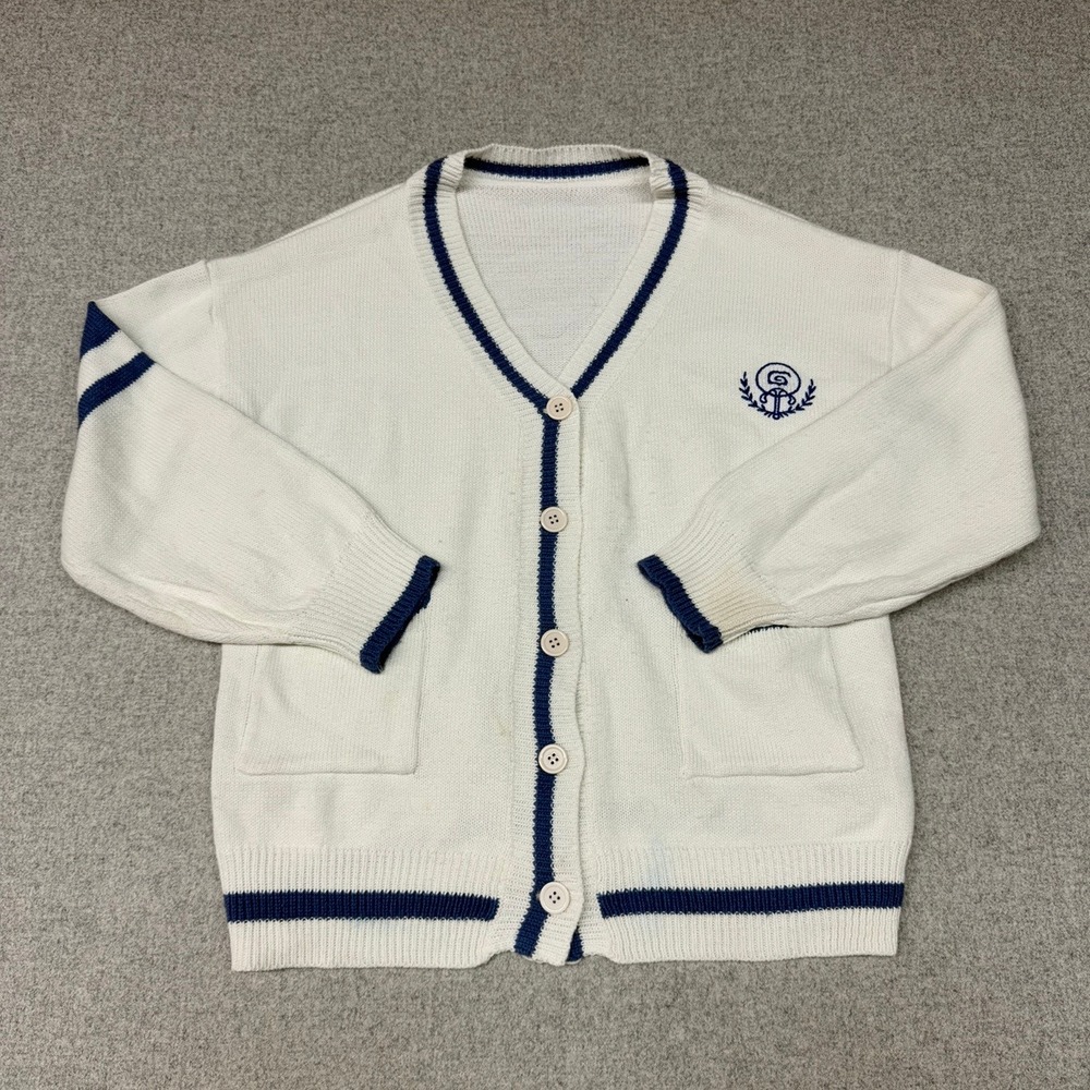 Unbranded Varsity Cardigan One Size White Navy Blue Embroidered Crest V-Neck Top